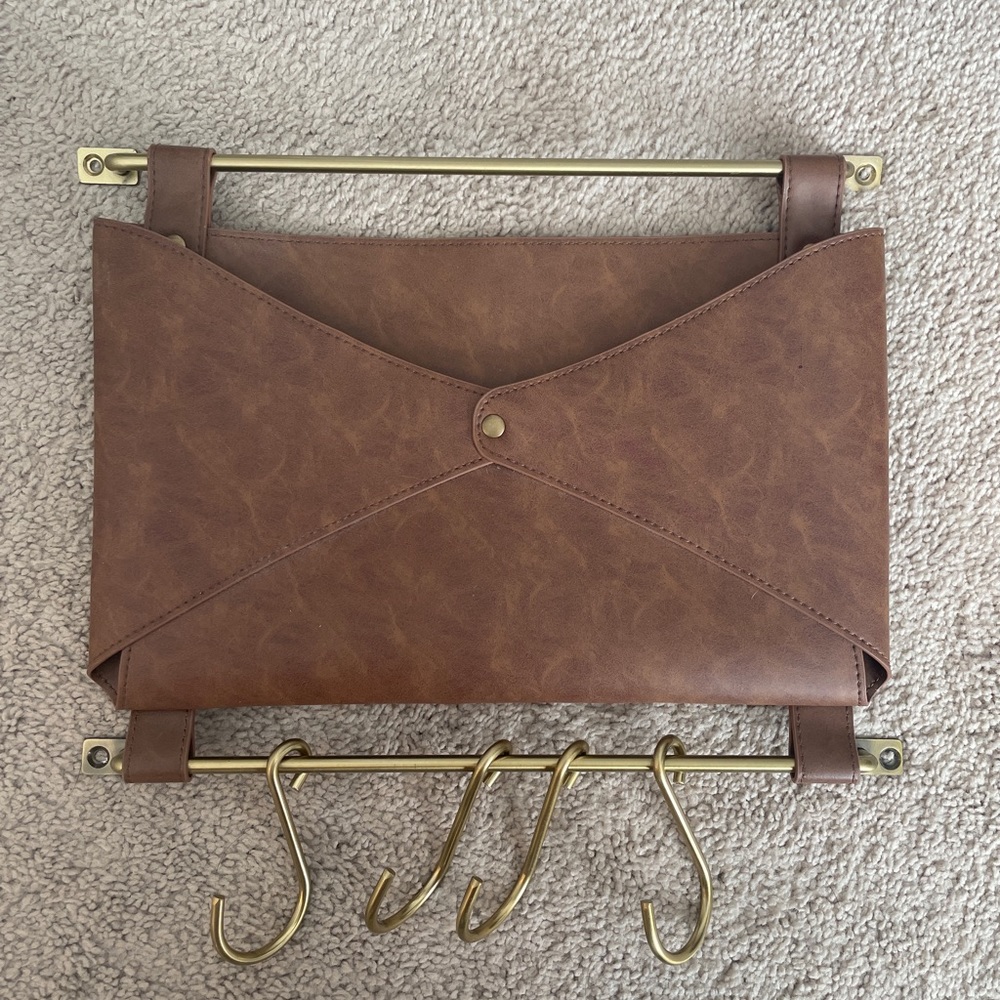 Brown Leather mail holder with gold hooks